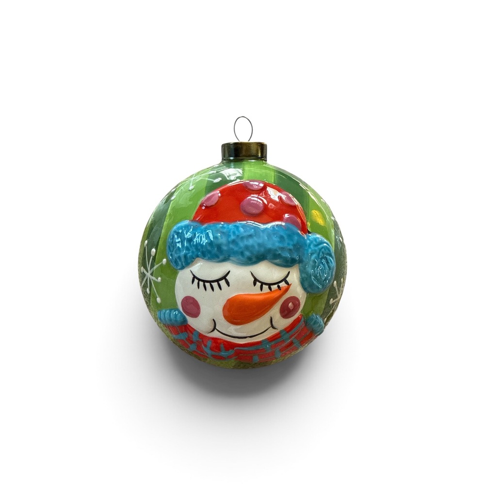 Snowman Glass Christmas Ornament Hand Painted Green Striped Holiday Decor 3.5in